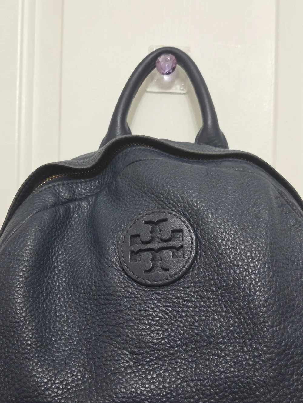 Tory Burch Navy Blue Logo Pebbled Leather Backpack